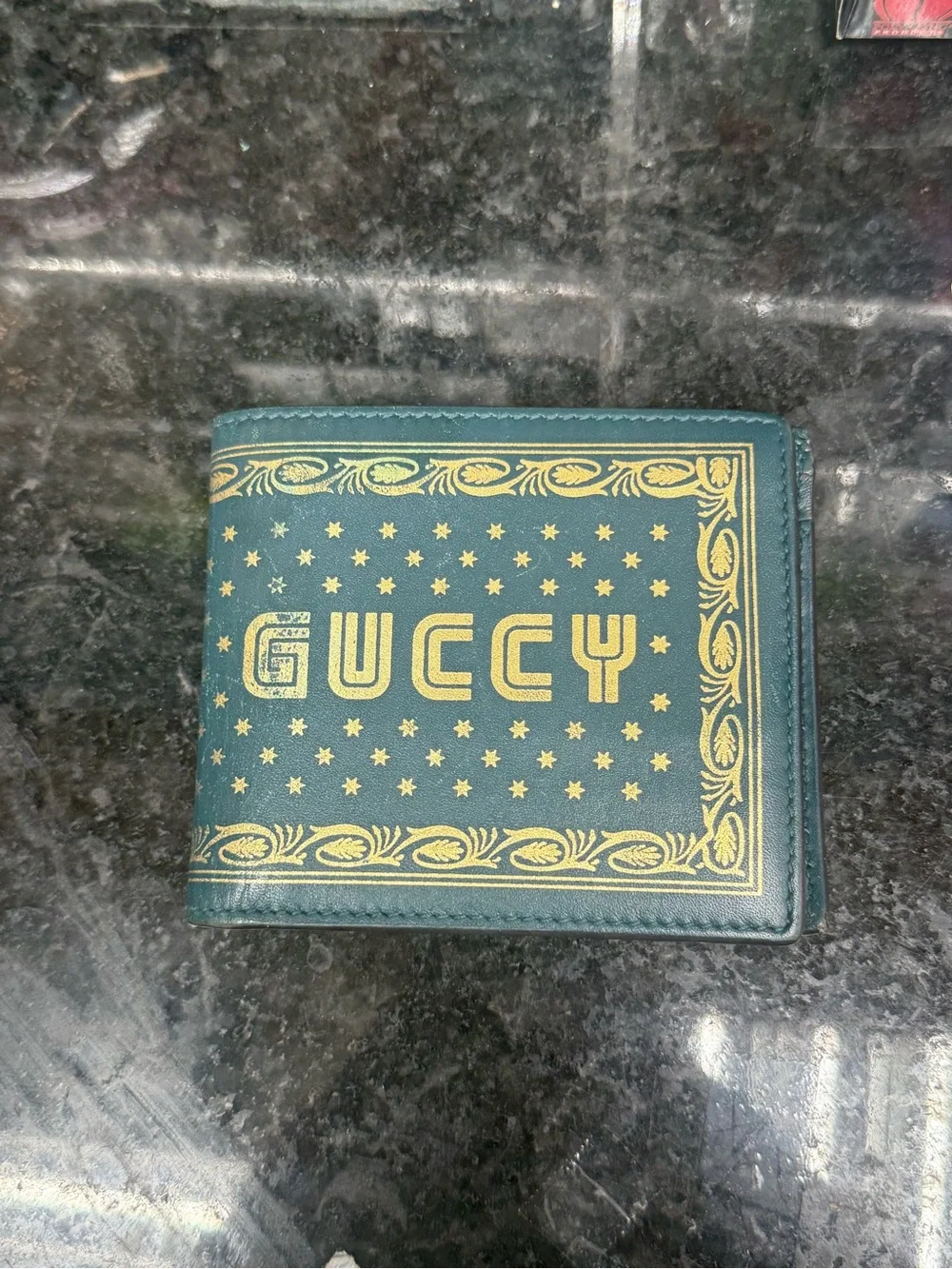 Gucci Teal Leather Bifold Wallet with Gold Print